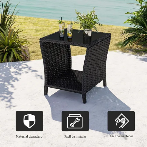Miniatura 8 de kinbor Mesa pequeña para exteriores – Mesa auxiliar de mimbre para exteriores con estante de almacenamiento para patio, balcón y porche, ratán