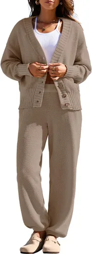 Miniatura 2 de Yanekop Conjunto de dos piezas para mujer con cuello en V y botones y suéter de punto acogedor