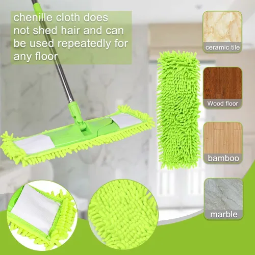 Miniatura 9 de Trapeador antipolvo para limpieza de suelos con 2 almohadillas de felpilla lavables y mango largo extensible, trapeador plano seco y húmedo con Verde