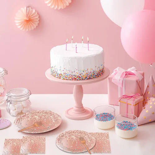 Miniatura 7 de Tevxj Juego de vajilla de cumpleaños de 96 piezas en rosa y oro rosa, vajilla desechable para cena, platos de postre y servilletas, tenedores