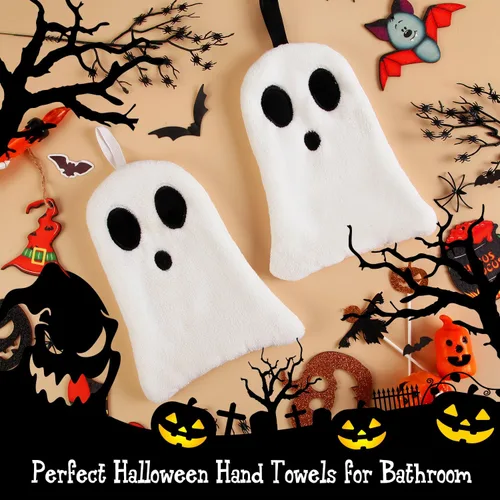 Miniatura 5 de Quera Paquete de 2 toallas de mano con diseño de fantasmas de Halloween, bordadas, decoración de lujo, para baño, juego de toallas decorativas