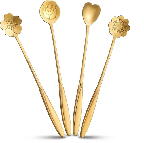 Juego de 4 cucharaditas de café de 7 pulgadas, cucharas de café para bebidas, para postre, café, helado, té (dorado)