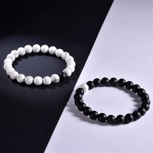 Miniatura 2 de ZC LI JEWELRY Pulsera de piedra natural con cuentas de ágata negra mate para él y ella