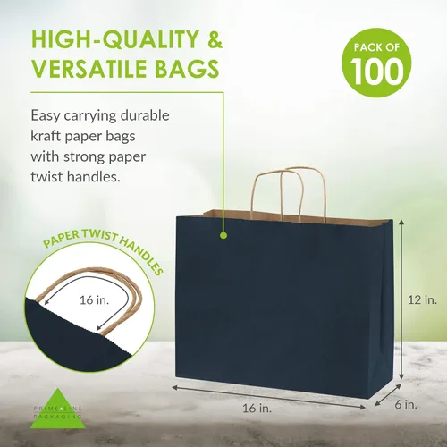 Miniatura 4 de Prime Line Packaging Bolsas de regalo de papel, bolsas de papel kraft azul marino con asas, bolsas de compras para pequeñas empresas, uso minorista