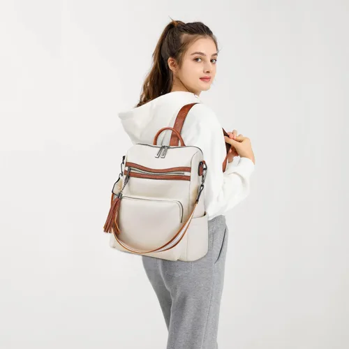 Miniatura 44 de OPAGE - Mochila de cuero para mujer, con borla de moda, bolso de hombro, mochila grande, bolsa de viaje, gris, L