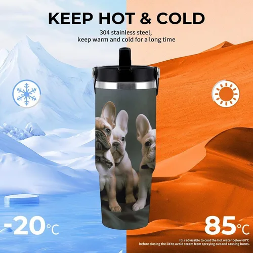 Miniatura 4 de French Bulldog Puppies Tumbler with Handle 30oz Vacuum Insulated Stainless Steel Water Bottle Leakproof Hot Coffee Travel Mug Iced Coffee Cup