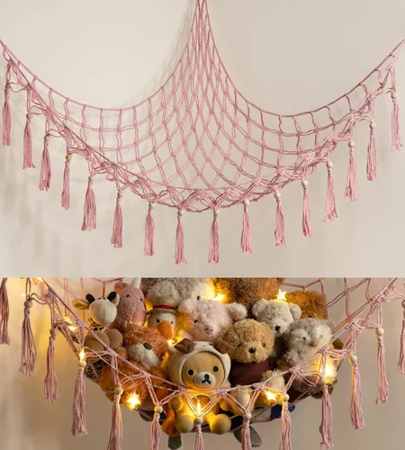 Miniatura 16 de Hamaca de almacenamiento para juguetes de animales de peluche con luz LED - Organizador de habitación jumbo de macramé para muñecas, decoración