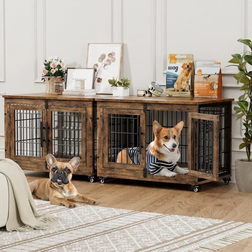 Miniatura 12 de YaFiti Mueble de jaula para perros con cojín, perrera de madera para interiores con puertas dobles, jaula para perros con ruedas, mesa auxiliar