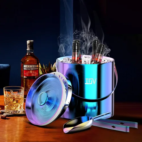 Miniatura 2 de IOV Cubo de hielo con tapa, cuchara, pinzas y colador, cubo de hielo aislado de doble pared de acero inoxidable de 3 L para fiestas, mantiene
