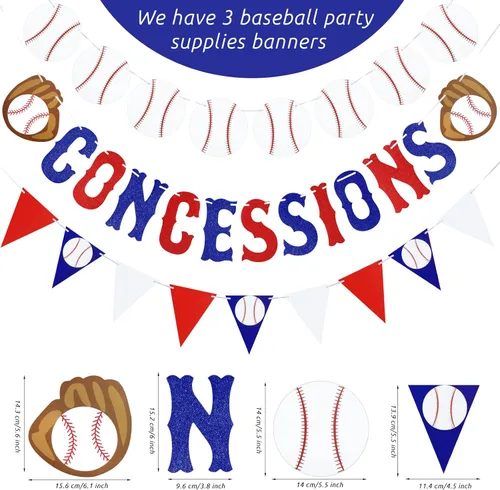 Miniatura 2 de Guirnalda de béisbol de 3 piezas, pancarta de concesiones con purpurina, banderines triangulares, banderines con temática deportiva, decoración