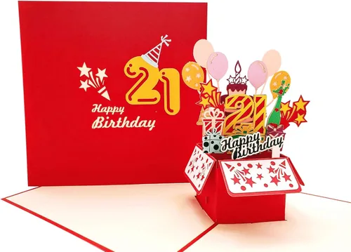 iGifts And Cards Tarjeta desplegable 3D de cumpleaños 21 – Caja de fiesta roja de moda sorpresa con globos, regalos y vibraciones de alegría –