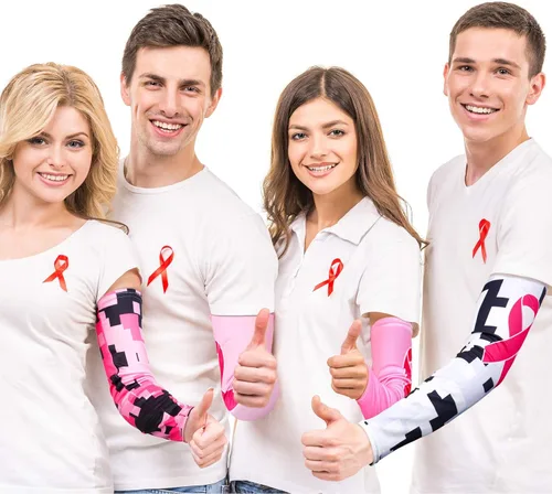 Miniatura 7 de Geyoga 4 pares de mangas de concientización sobre el cáncer de mama, mangas de compresión de enfriamiento con cinta rosa, protección UV