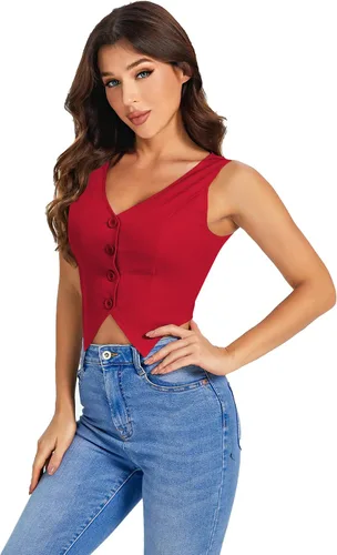 Miniatura 5 de SweatyRocks Chaleco corto con dobladillo asimétrico y botones en la parte delantera para mujer, cuello en V, sin mangas, para mujer
