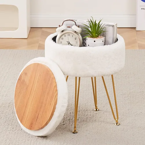 Miniatura 10 de Reposapiés Taburetes Redondos de Piel Sintética Otomana con Espacio de Almacenamiento Silla de Tocador Suave Asiento Mesa de Centro Otomana Mesa