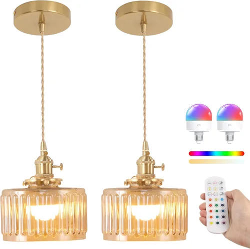 Miniatura 14 de Shenmoyl Lámpara colgante con pantalla de vidrio transparente a rayas, luz colgante vintage de latón, luz colgante ajustable para cocina, isla