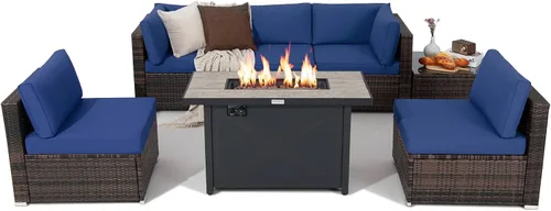 Miniatura 10 de Tangkula Juego de muebles de patio de 7 piezas con mesa para fogata, incluye mesa rectangular de propano de 42 pulgadas y 60,000 BTU y funda