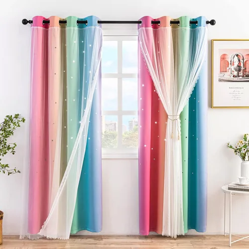 Miniatura 8 de Stiio Cortinas con Recortes de Estrella para Dormitorio de Niñas, 2 Paneles, Cortinas Opacas 2 en 1 que Bloquean la Luz con Cortinas de Ventana Azul
