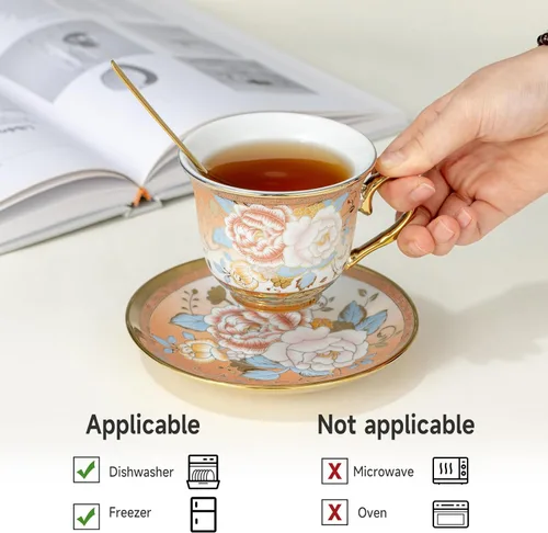 Miniatura 4 de Juego de 6 tazas de té y platillos florales de 8 onzas con cucharas, taza de cerámica y platillo para capuchino, expreso, café, café, café