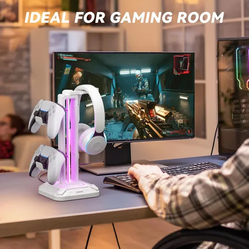 Miniatura 7 de KDD RGB Headset Stand with 9 Light Modes - Controller Holder for Desk - Rotatable Headphone Stand & Detachable Controller Hook for PC Earphone Blanco