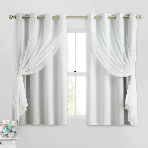 Miniatura 31 de Cortinas 100% opacas con superposición de gasa Mix and Match de doble capa, 54 pulgadas de largo, 2 paneles para dormitorio y sala de estar, azul