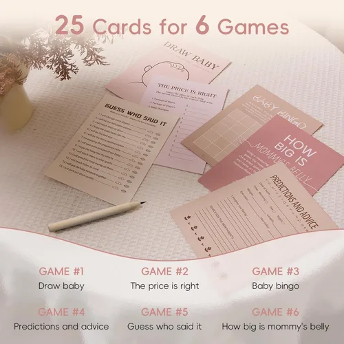 Miniatura 2 de Juego de 150 tarjetas de juegos de baby shower, 6 juegos divertidos que incluyen bingo, Don't Say Baby, Price is Right y más, perfecto para hasta 25
