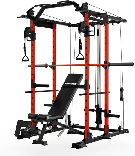 Miniatura 16 de Mikolo Jaula de Potencia, Rack de Potencia con Sistema de Cruce de Cables, 1500LBS Rack para Sentadillas con Sistema de Jalón LAT, Jaula de Rojo