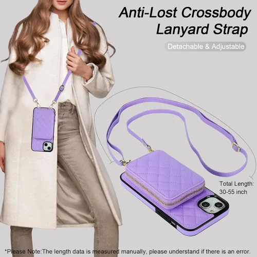 Miniatura 6 de Bocasal Funda tipo cartera cruzada para iPhone 14 Plus, bloqueo RFID, de piel sintética, con cremallera, funda tipo cartera con función atril