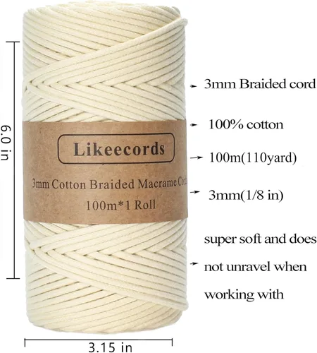 Miniatura 2 de Cordón de algodón trenzado de 0.11 pulgadas x 109 yardas, cuerda de algodón para macramé natural, estilo bohemio, para colgar plantas hechas a mano