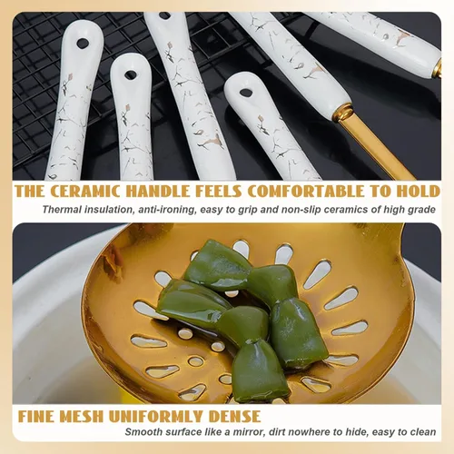 Miniatura 2 de Juego de 7 utensilios de cocina de acero inoxidable dorado con soporte apto para lavavajillas, kit de utensilios de cocina de metal para colgar