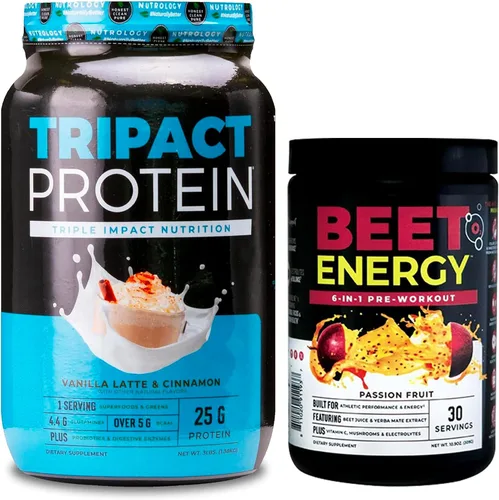 Nutrology TRIPACT Proteína en polvo, batido 7 en 1 de reemplazo de comidas, sabor vainilla latte canela (40 porciones) remolacha natural O2, polvo