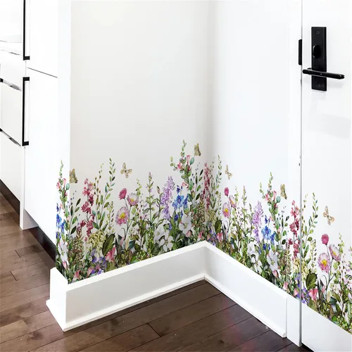 Miniatura 3 de Calcomanía de pared de flores coloridas y mariposas, arte floral de sacinora con plantas verdes, vinilo extraíble para despegar y pegar para sala