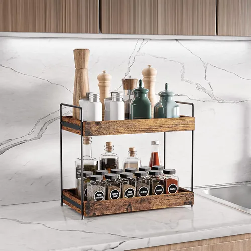 Organizador de encimera de baño de 2 niveles, estante de especias de madera para encimera de cocina, organizador de maquillaje cosmético de tocador,