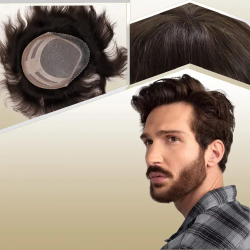 Miniatura 24 de Sistema de reemplazo de cabello humano para hombre, tupé para hombre, piel fina con parte superior de encaje mono y la parte trasera de poliuretano