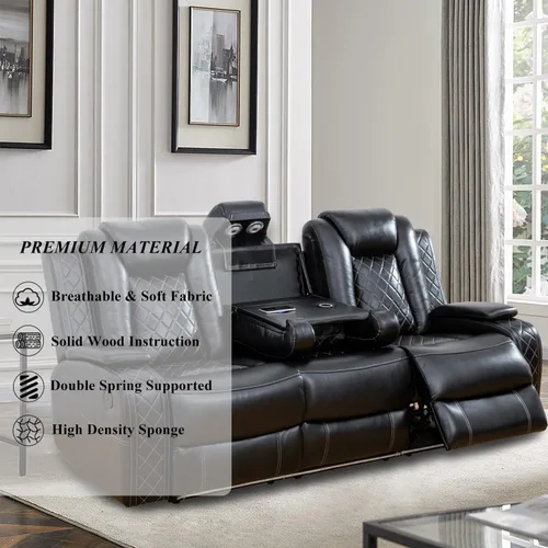Miniatura 5 de Juego de sofá reclinable eléctrico, sofás reclinables de cuero negro, 3 piezas de sofá reclinable de cuero de aire y silla de dos plazas con luces