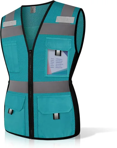 Miniatura 6 de Chaleco de seguridad para mujer con 11 bolsillos y cremallera, chaleco reflectante de alta visibilidad ajustado, chaleco de seguridad de neón
