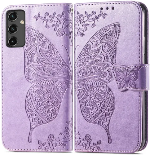 Miniatura 2 de Funda para teléfono Galaxy A14 5G, cartera con tapa para mujer, de piel sintética en relieve de mariposa con tarjeteros de crédito, correa de Lavanda