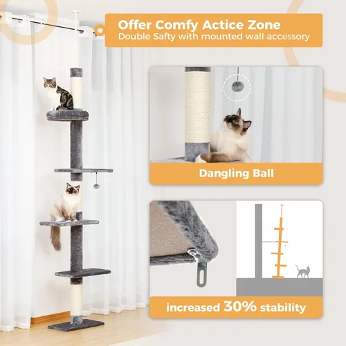Miniatura 5 de PETEPELA Torre para gatos de 5 niveles de piso a techo, altura del árbol para gatos (95-107 pulgadas), ajustable, árbol de escalada alto con poste