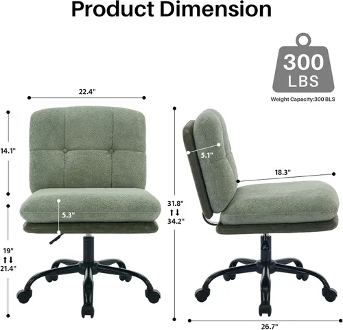Miniatura 3 de SOFTHION Juego de 2 sillas de escritorio de oficina sin brazos con ruedas, asiento ancho, giratorio, de altura ajustable, cómoda silla cruzada