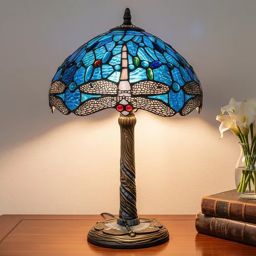 Lámpara de mesa estilo Tiffany, 12 pulgadas, libélula azul, hecha a mano, pantalla de cristal de colores, luz de lectura vintage para dormitorio,