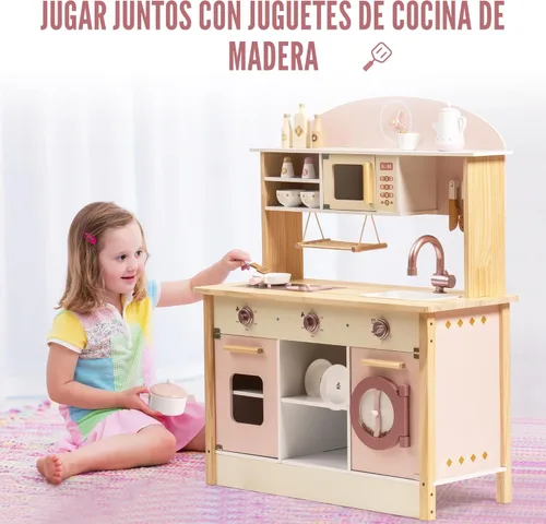 Miniatura 8 de ROBOTIME Juego de cocina de madera, juego de cocina de juego de simulación para niños con diseño realista, juego de cocina para niños y niños Rosa