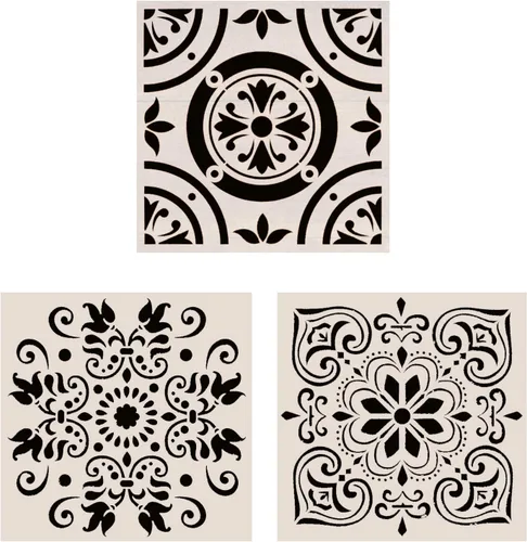 3 plantillas de azulejos de 12 x 12 pulgadas – Plantillas grandes de pintura para muebles de pared de piso, tela de madera, plantillas de mandala de