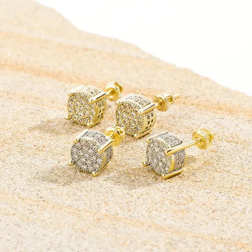 Miniatura 4 de TOPGRILLZ Aretes de tuerca chapados en oro de 14 quilates 5A+ con circonita cúbica en racimo de diamantes redondos para hombres y mujeres