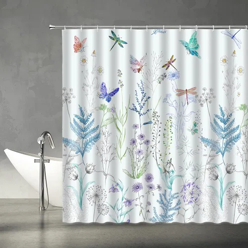 Miniatura 6 de Cortina de ducha de flores y mariposas, flores de flores, primavera, naturaleza, fantasía, jardín, tela para el hogar, juego de decoración de baño