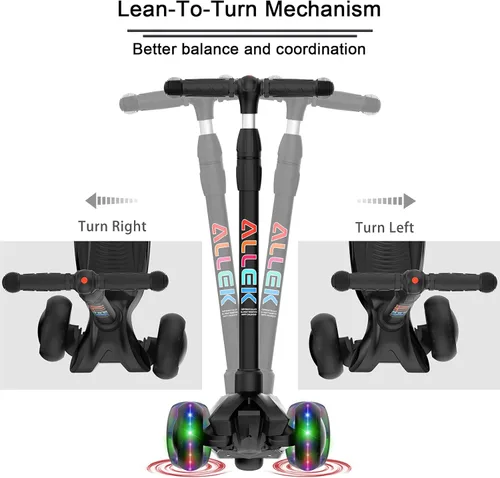Miniatura 5 de Allek - Kick Scooter B03. Monopatín de 3 ruedas con ruedas de PU extra anchas y luminosas, sistema Lean 'N Glide, manillar ajustable a cualquier