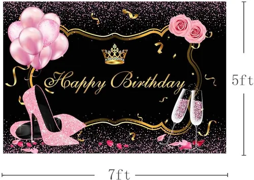 Miniatura 3 de MEHOFOND Fondo de fotos rosa y dorado negro, accesorios de fondo de fotos con purpurina de tacón alto, globos de champán, flores de rosa, corona