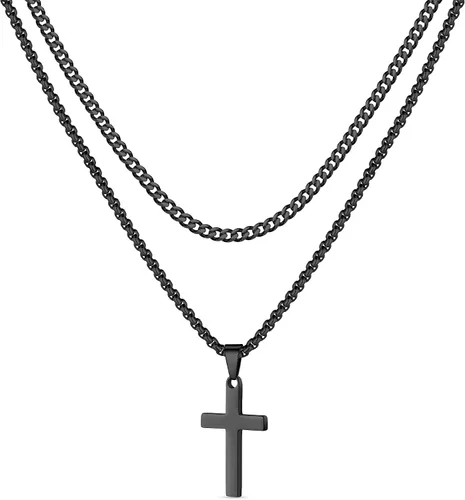 LUXEJEW Collar de cruz para hombres y niños, collar con colgante de cruz de acero inoxidable dorado, plateado y negro, collar de cadena de eslabones