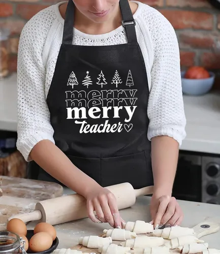 Miniatura 2 de TSIIUO Delantal de Feliz Profesor para mujer, divertido diseño de Navidad, impermeable, ajustable, con 2 bolsillos