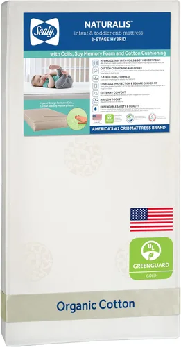 Sealy Naturalis - Colchón hipoalergénico de 2 etapas para cuna de bebé y cama infantil, colchón para cuna no tóxico, algodón natural, bobina híbrida