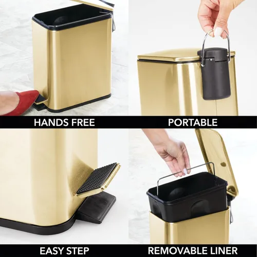 Miniatura 4 de mDesign Cubo de basura rectangular de metal delgado de 1.3 galones con pedal de pie, tapa de cierre fácil, papelera estrecha, contenedor de basura