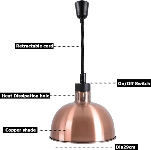 Miniatura 3 de Lámpara colgante de calor para alimentos, calentador infrarrojo, luz de calefacción para freír 250 W con cable retráctil (diámetro 11.4 in cobre))